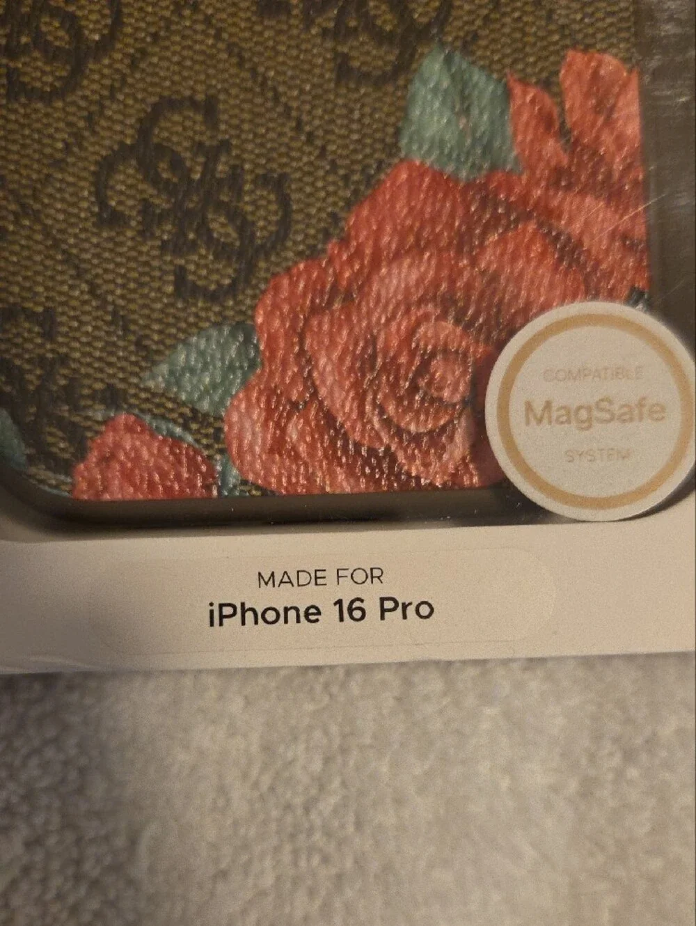 GUESS Brown Monogram iPhone Case with Red Floral Accents